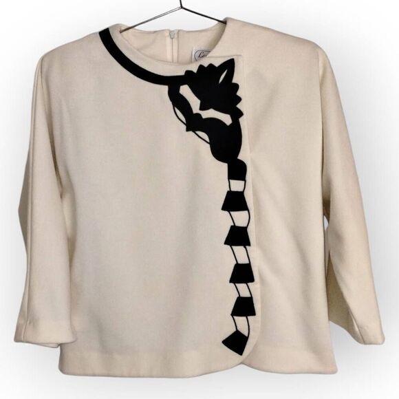Vtg Leslie Fay Womens Top Sz 10 Cream Knit Black Velvet‎ Back Zip 60s Whimsicore - Picture 1 of 11